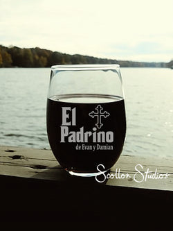 Personalized Padrino Gift | Wine Glass | El Padrino With Cross